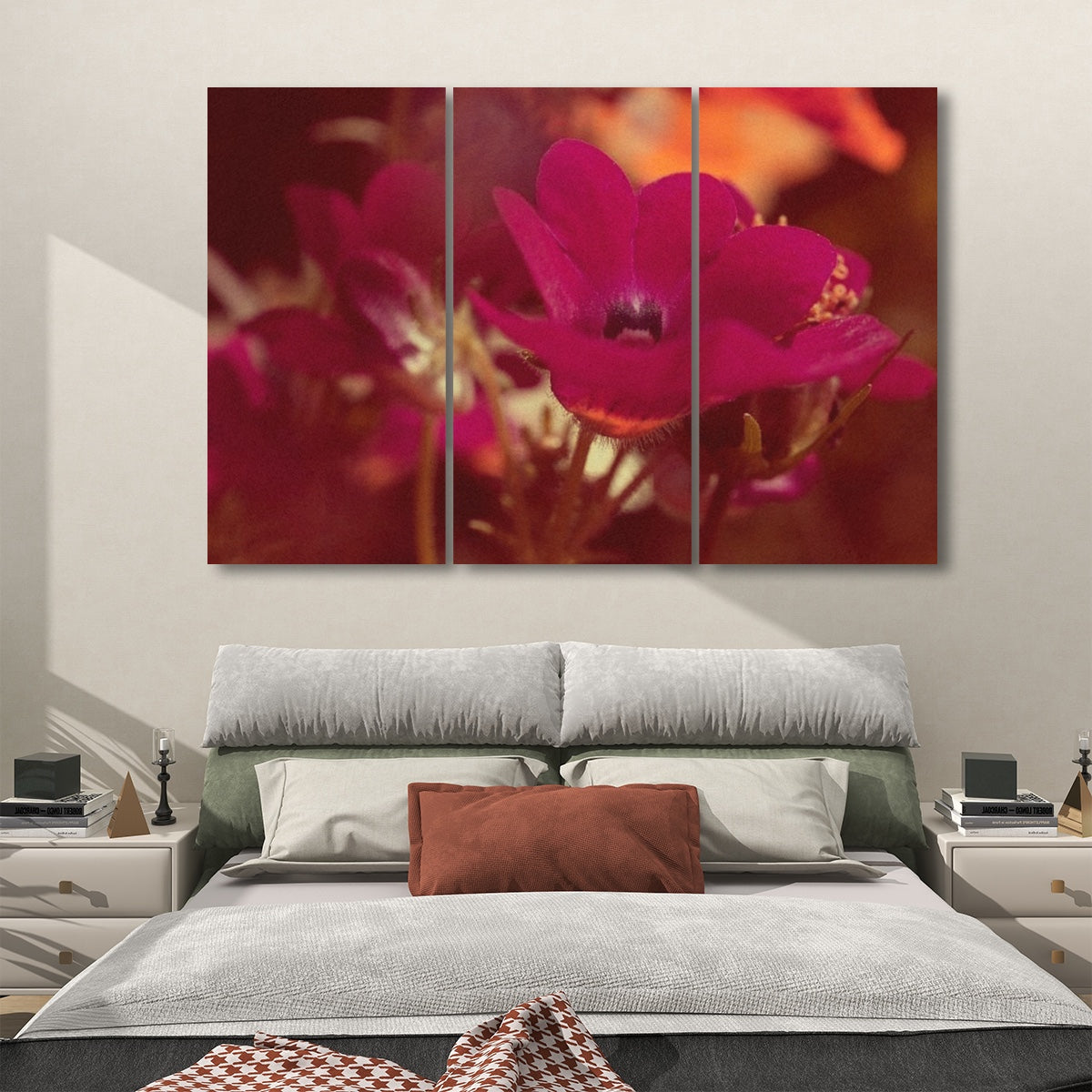 3 floral decorative sound absorbing panels featuring close up image of red flower, color: brownie