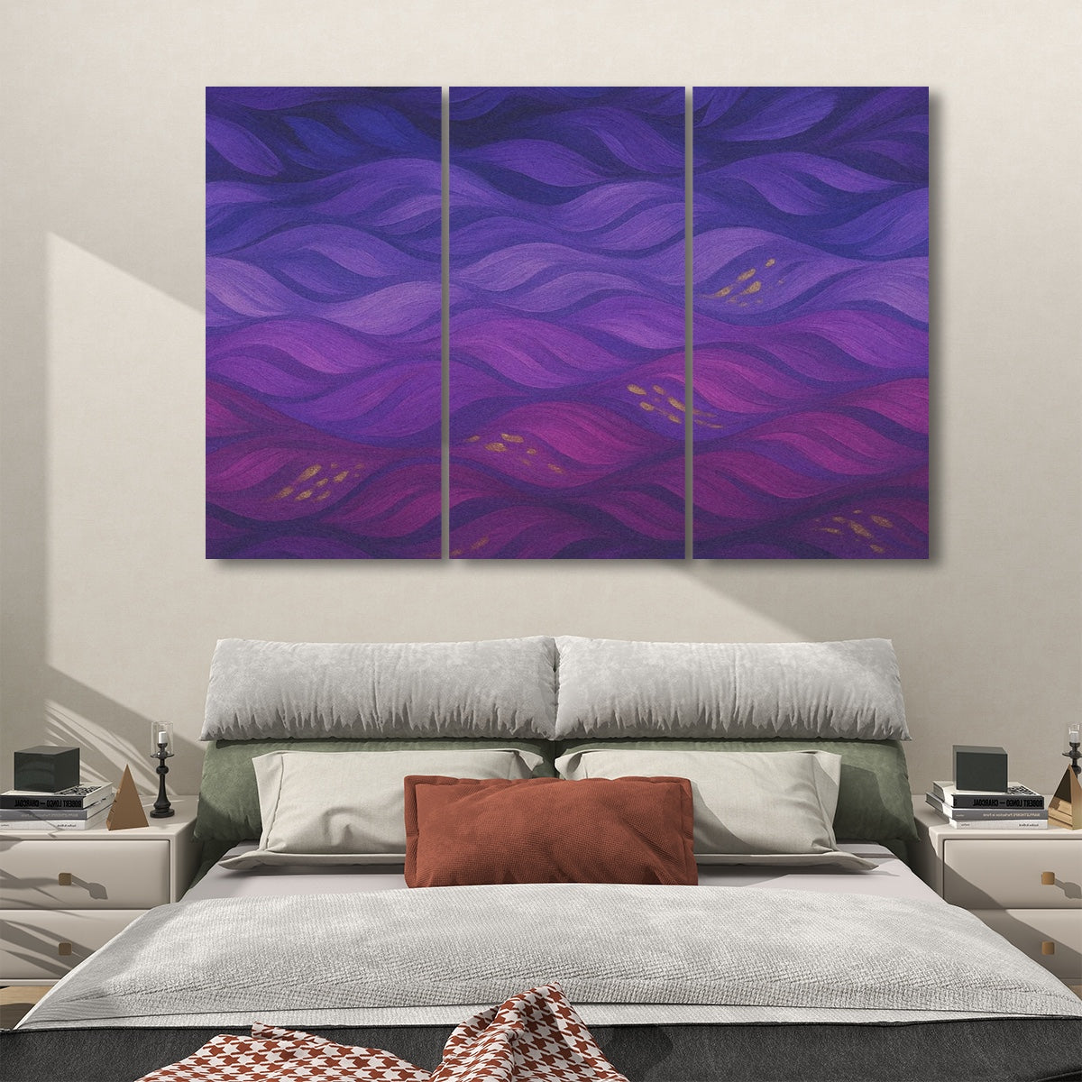 Three-panel acoustic wall art featuring purple and magenta waveforms with gold accents – Gilded Amethyst Currents in full color