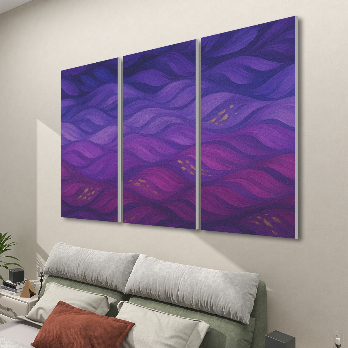 Triptych sound absorbing panels seen from the right angle, featuring flowing amethyst-toned waves and clusters of golden detail—Gilded Amethyst Currents, full color version
