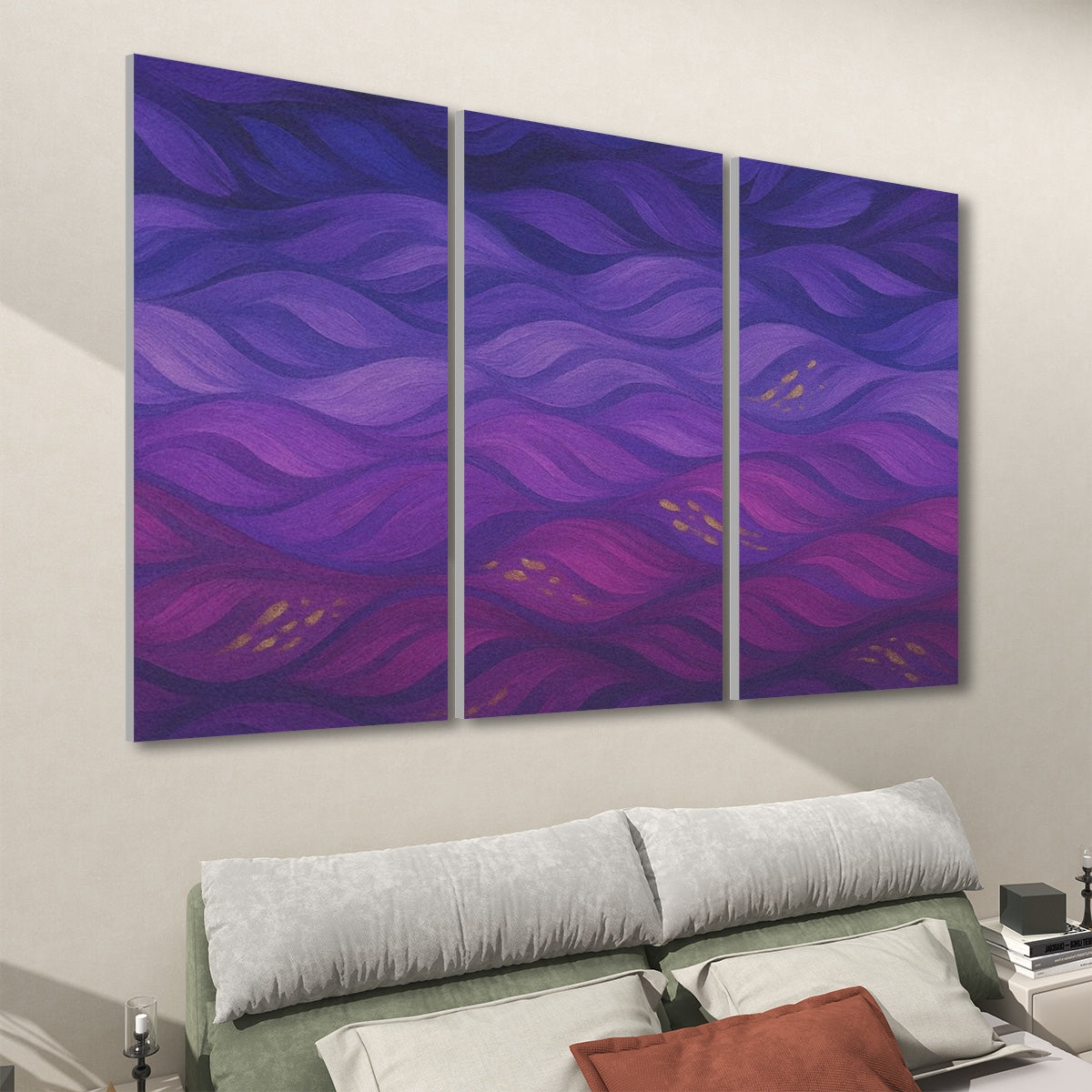 Three-panel acoustic wall art viewed from the left side, showing deep purple and magenta wave textures with golden accents across the panels—full color variant of Gilded Amethyst Currents.