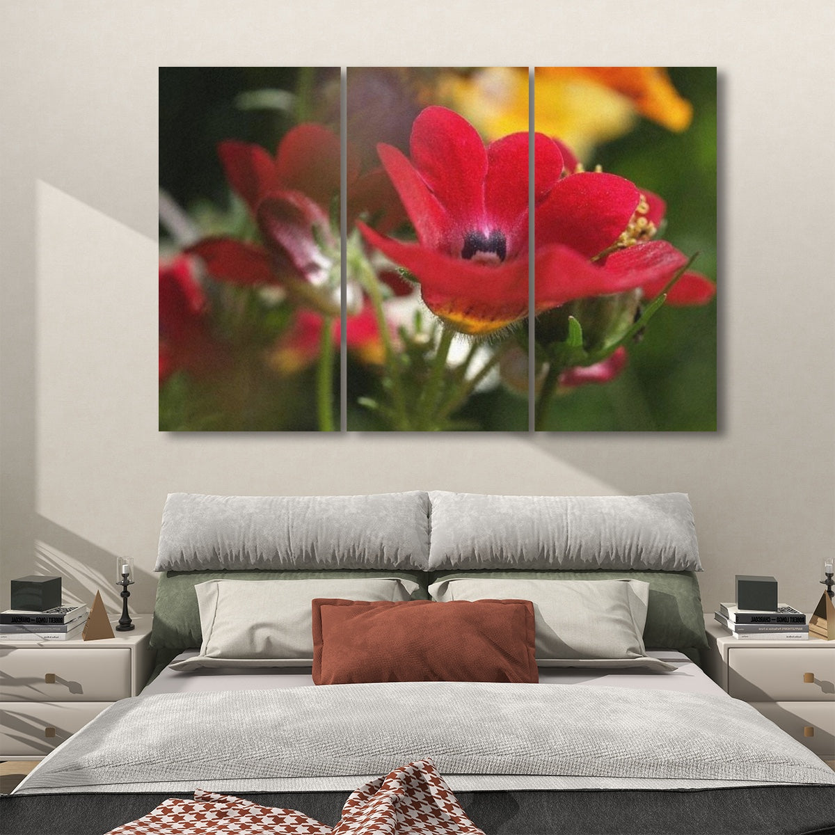 3 floral decorative sound absorbing panels featuring close up image of red flower, color: original
