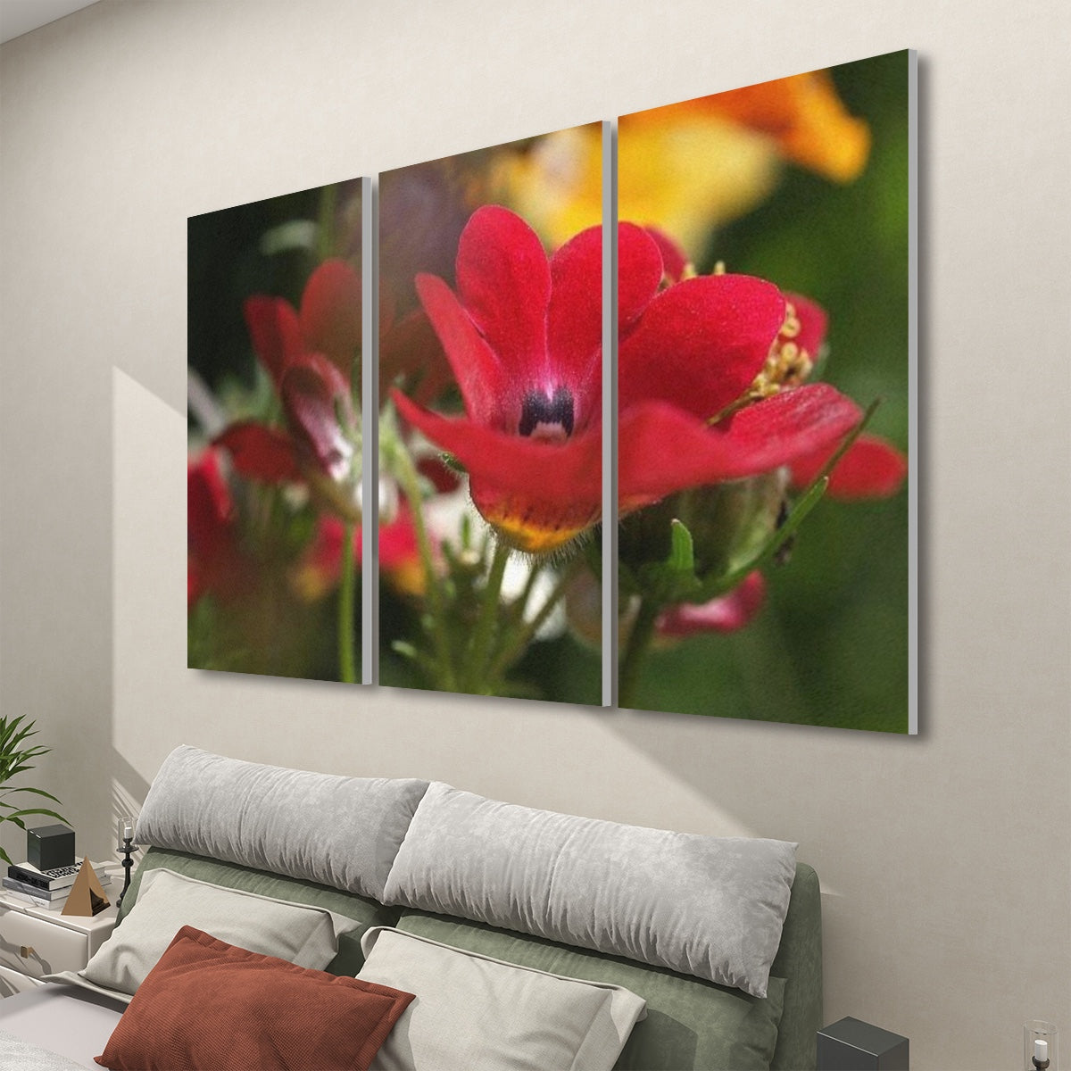 3 floral decorative sound absorbing panels featuring close up image of red flower, color: original