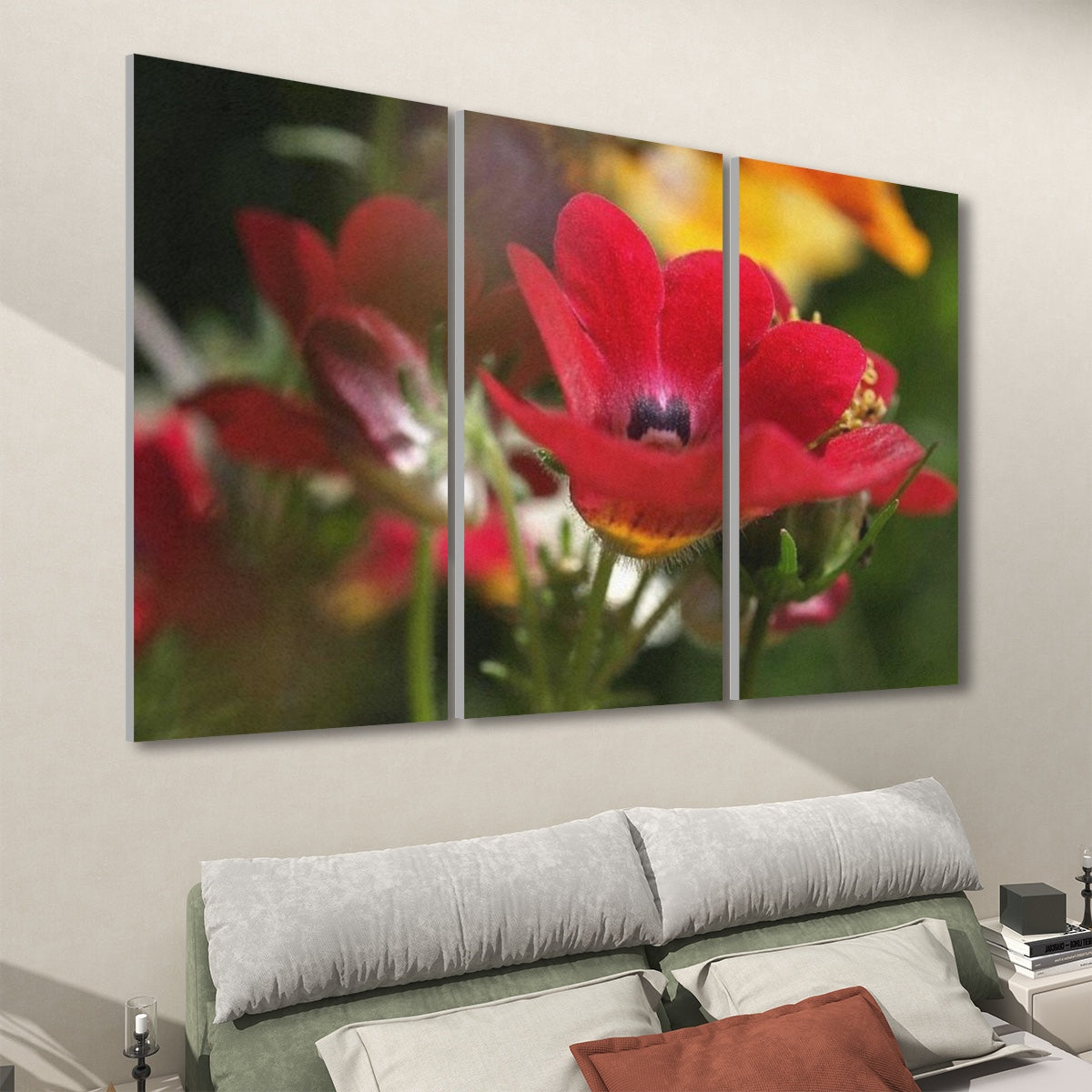 3 floral decorative sound absorbing panels featuring close up image of red flower, color: original