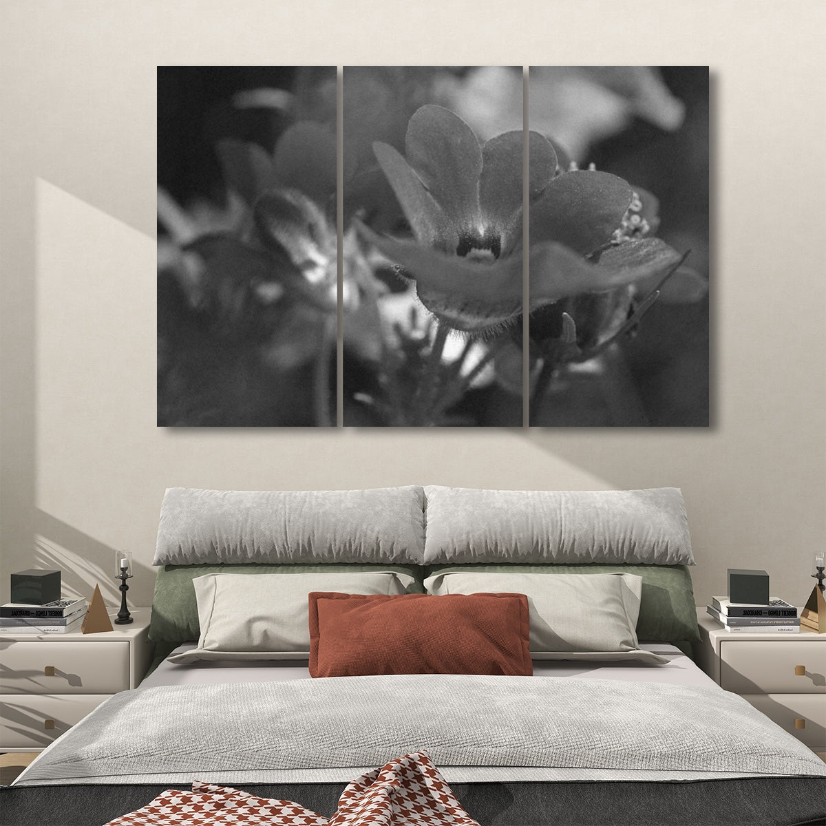 3 floral decorative sound absorbing panels featuring close up image of red flower, color: greyscale