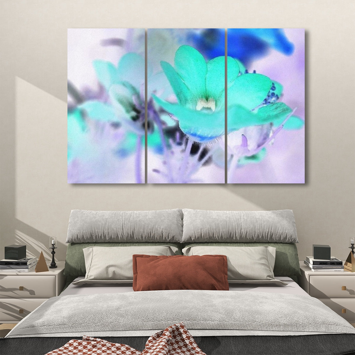 3 floral decorative sound absorbing panels featuring close up image of red flower, color: inverted