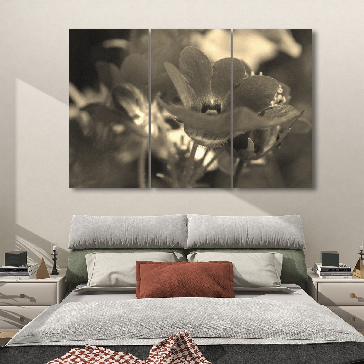 3 floral decorative sound absorbing panels featuring close up image of red flower, color: sepia