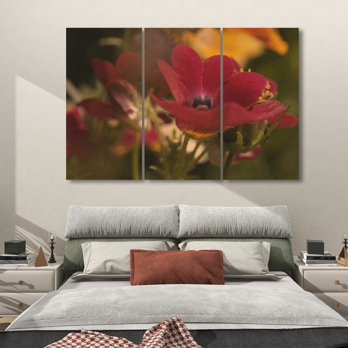 3 floral decorative sound absorbing panels featuring close up image of red flower, color: vintage