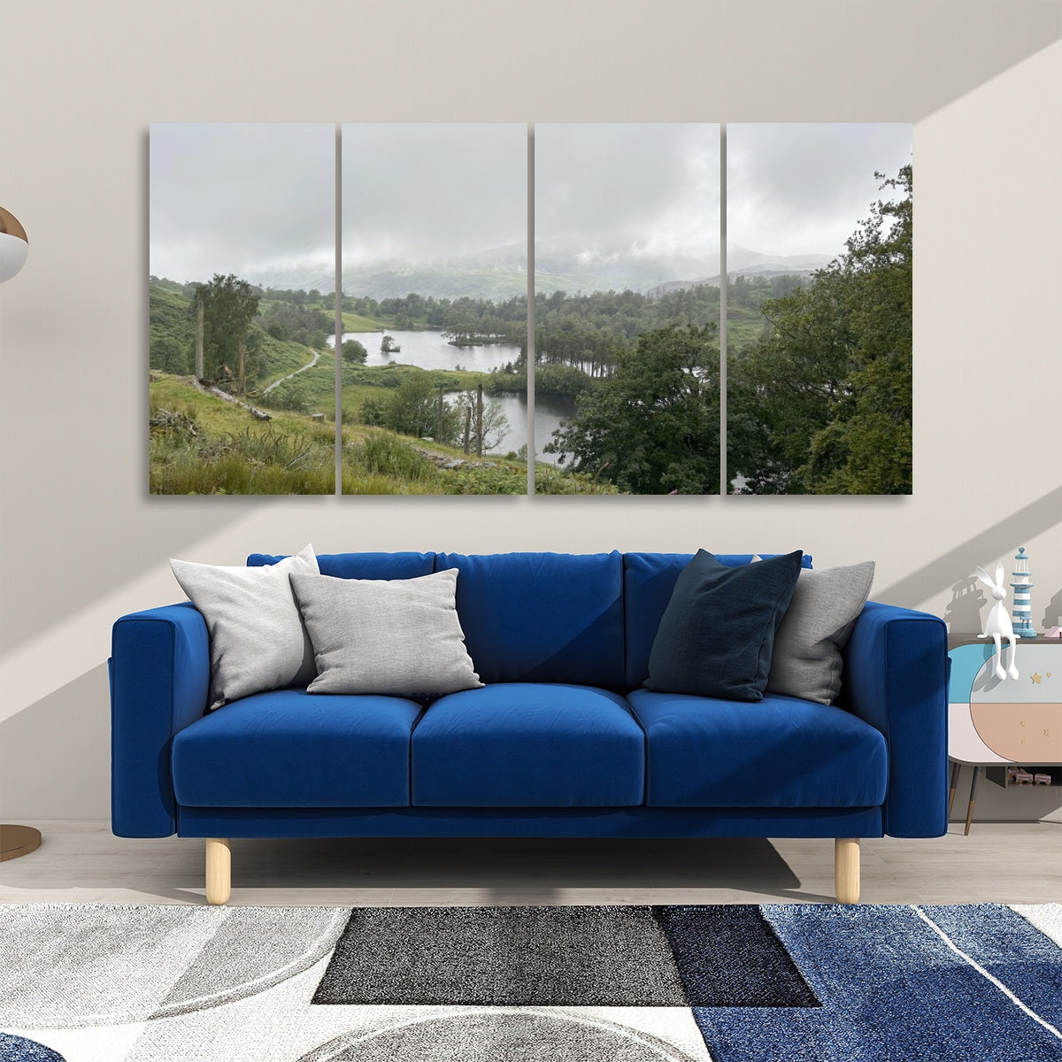 Papis Canvas 4 Decorative Sound Absorbing Panels Featuring Lake District Landscape. Mounted above blue sofa in modern living room