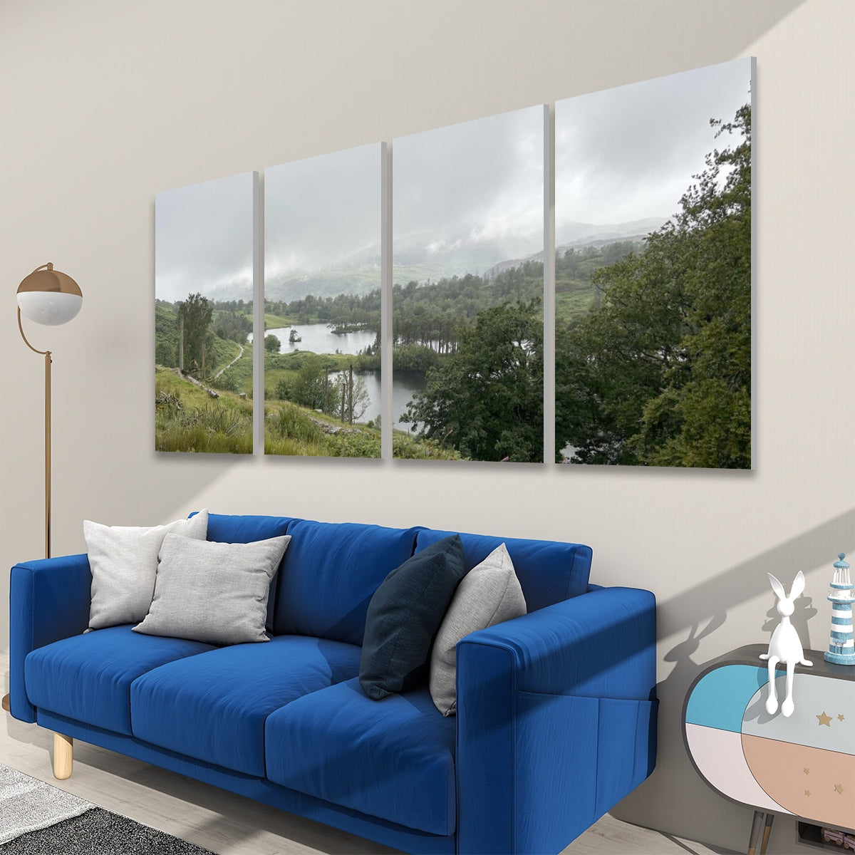 4 Decorative Sound Absorbing Panels Featuring Lake District Landscape. Four panel acoustic wall art above blue sofa
