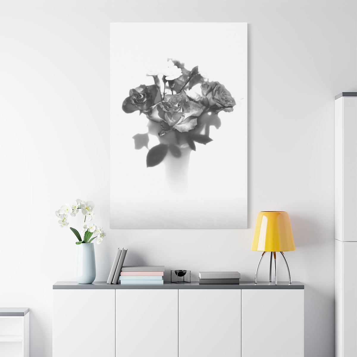 vertical black and white floral canvas print featuring roses, size: 40''x60''