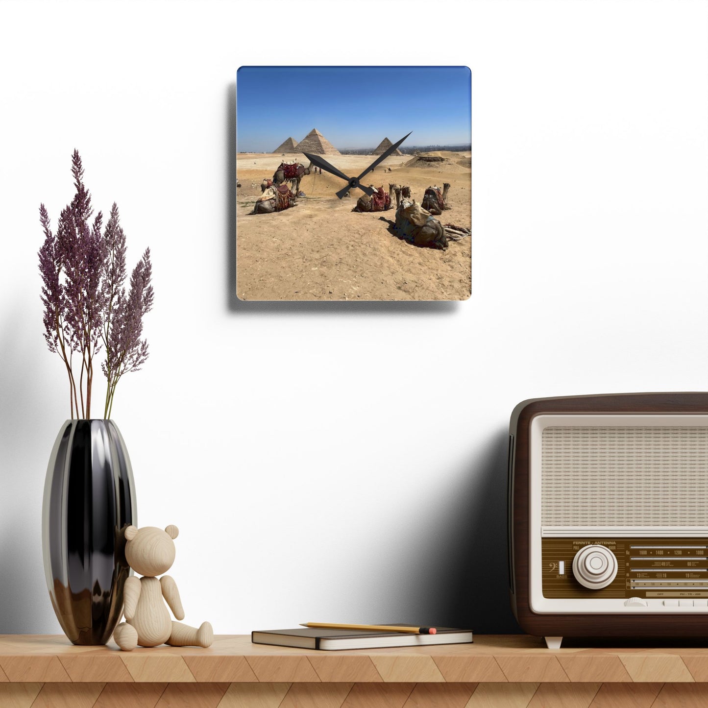Acrylic wall clock featuring camels desert and pyramids of Giza