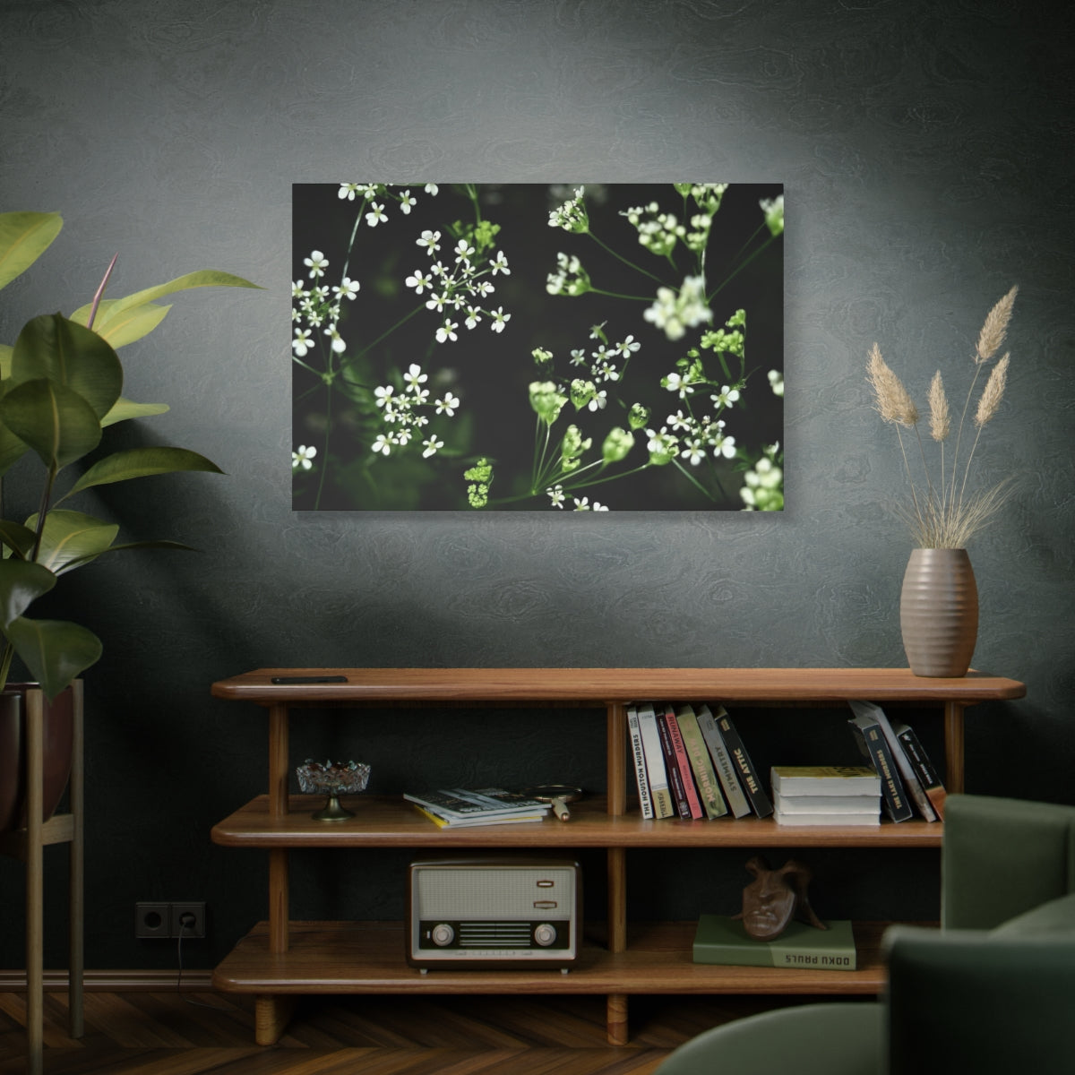 floral canvas print featuring white little flowers on black and green background size: 48''x32''