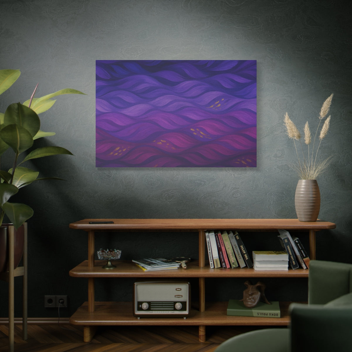 front view mockup 48''x32'' Abstract canvas artwork with fluid plum and violet waves, accented by soft golden highlights and layered with tonal depth