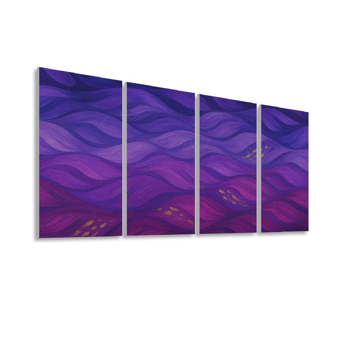 Left view of 4 decorative sound absorbing panels featuring the Gilded Amethyst Currents design in full color with violet and indigo waves.