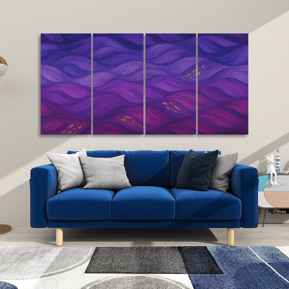 Front view of 4 decorative sound absorbing panels featuring the Gilded Amethyst Currents design in full color with violet and indigo waves.