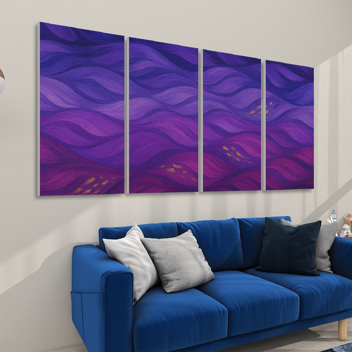 Left view of 4 decorative sound absorbing panels featuring the Gilded Amethyst Currents design in full color with violet and indigo waves.