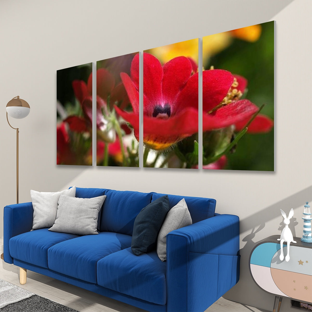 4 floral decorative sound absorbing wall panels featuring close up image of red flower