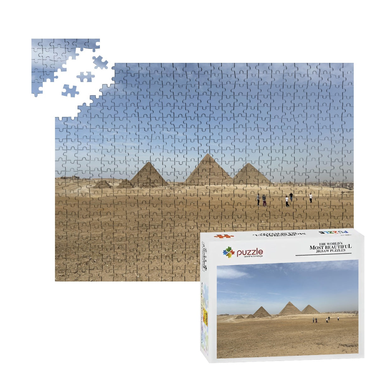 Full color photograph of the Pyramids of Giza with golden desert sands and blue sky in the background.