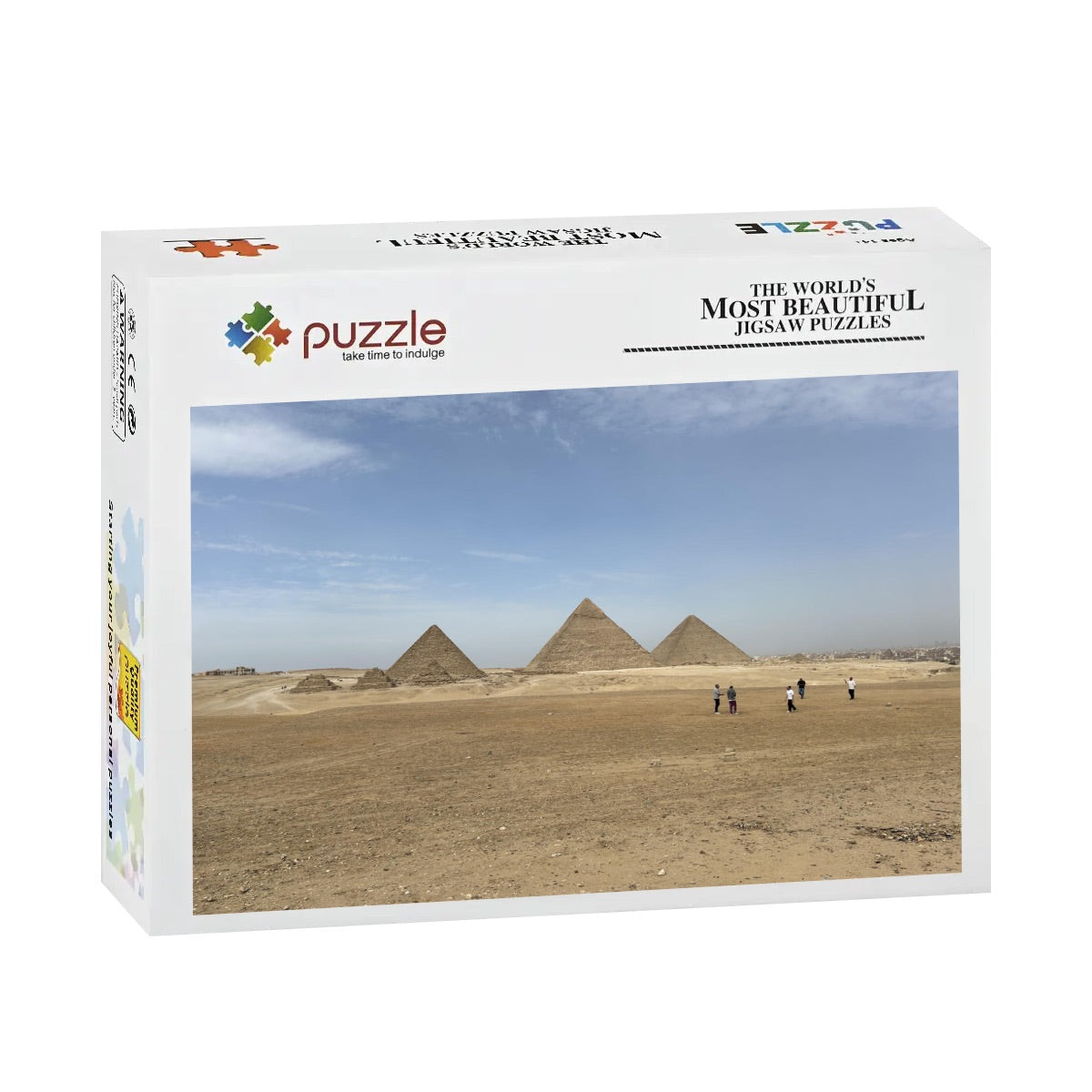 Full color photograph of the Pyramids of Giza with golden desert sands and blue sky in the background.