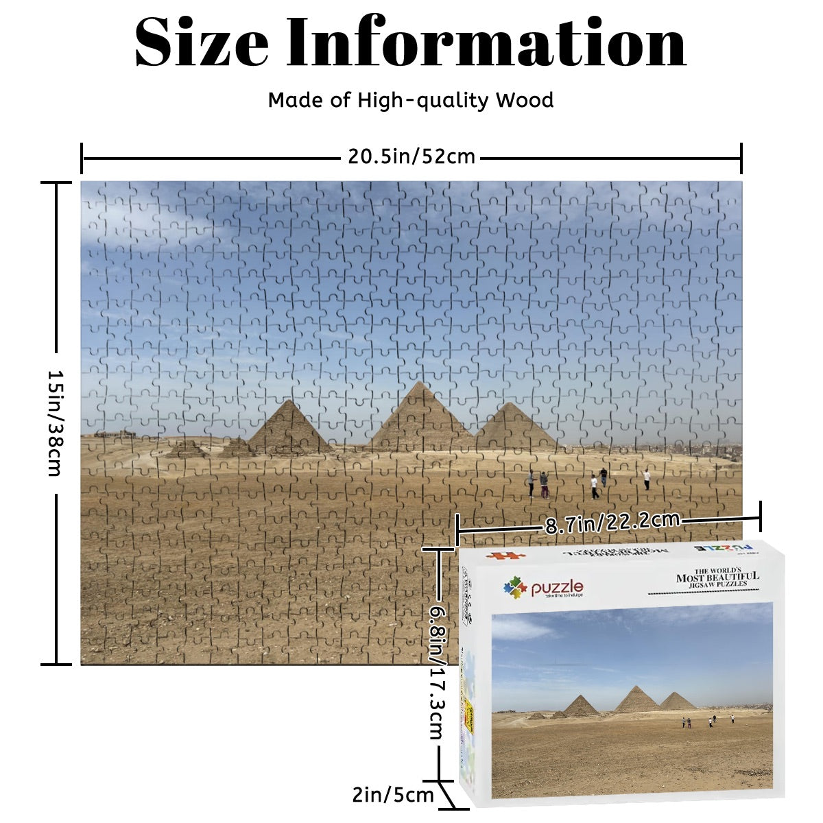 Full color photograph of the Pyramids of Giza with golden desert sands and blue sky in the background