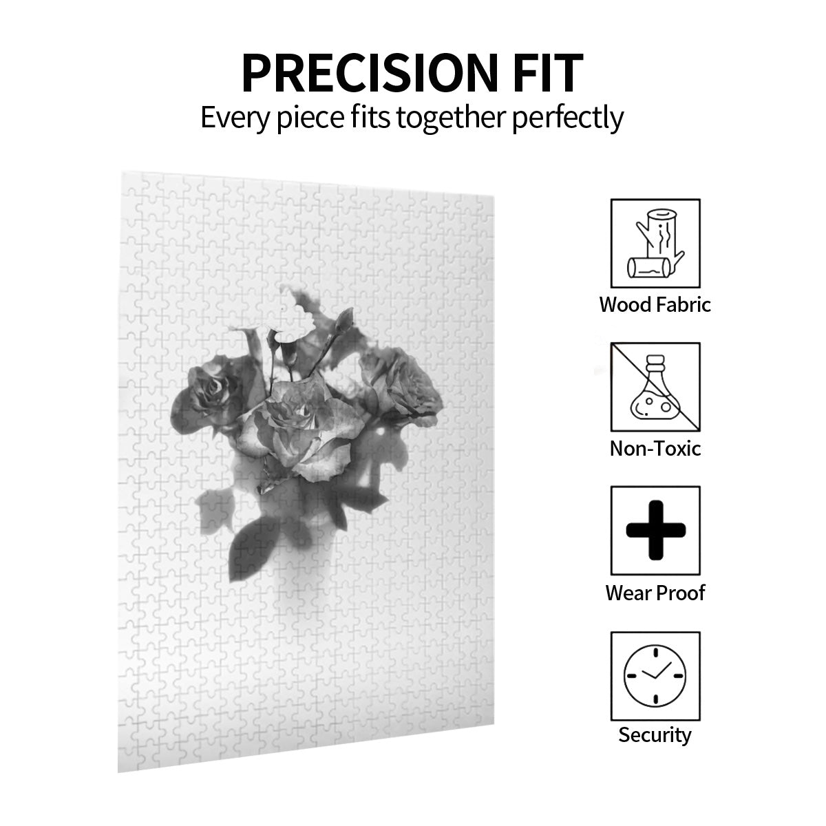 Front view of the 300‑piece wooden jigsaw puzzle box displaying a greyscale rose bouquet image, labelled 15 × 10.2 inches, basswood pieces.