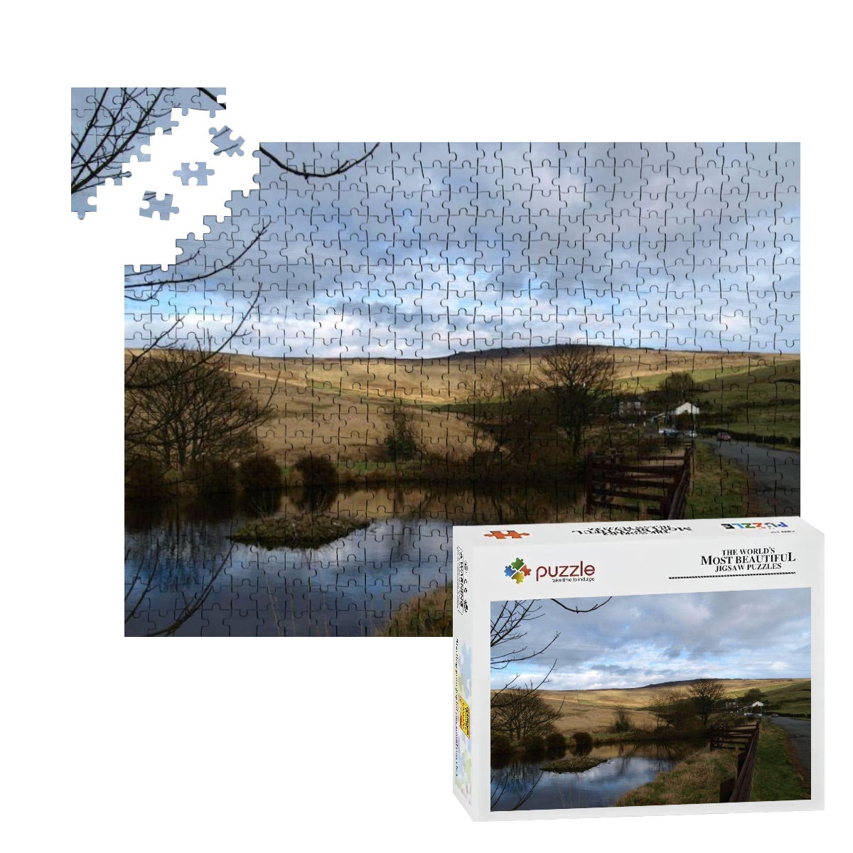 500-piece wooden puzzle showing a golden British landscape with trees and pond, in natural soft color tones.