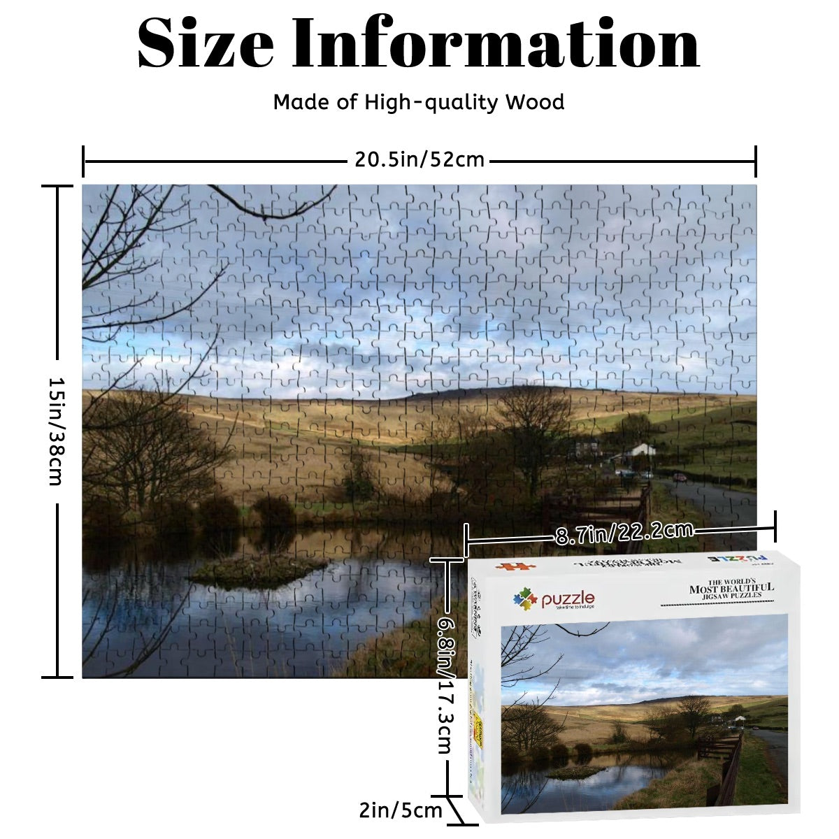 500-piece wooden puzzle showing a golden British landscape with trees and pond, in natural soft color tones.