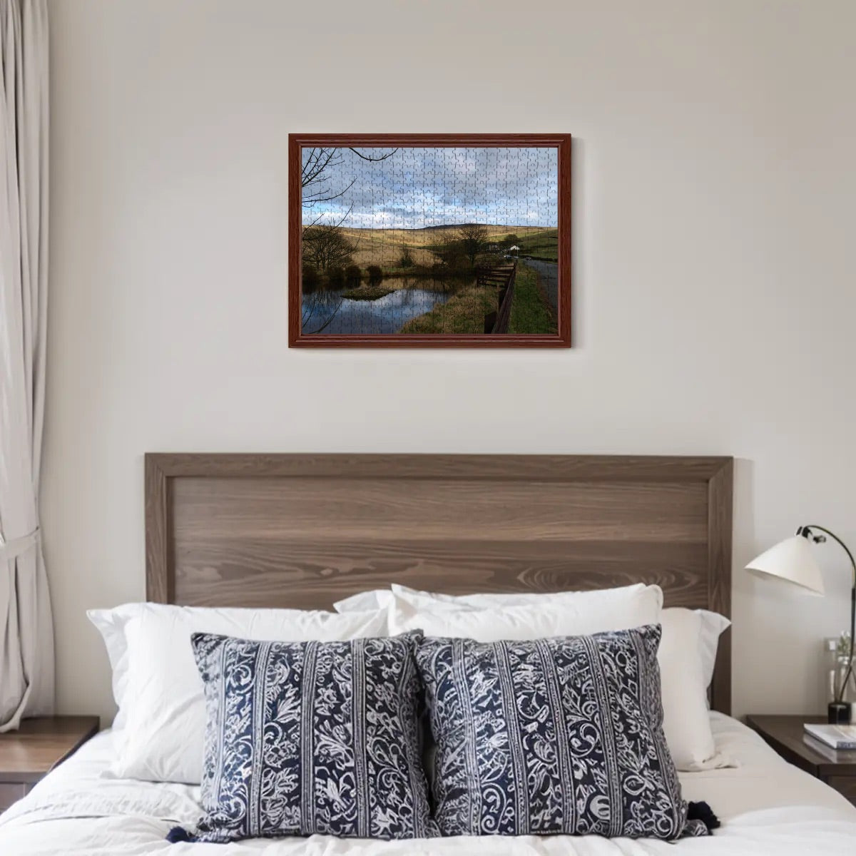 500-piece wooden puzzle showing a golden British landscape with trees and pond, in natural soft color tones.