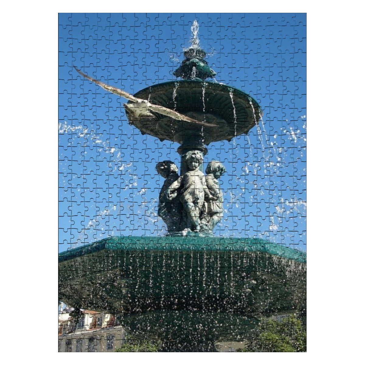 500-piece basswood jigsaw puzzle featuring a seagull flying toward the camera with a fountain and blue sky in Lisbon, full-color version, size 20.5" x 15"