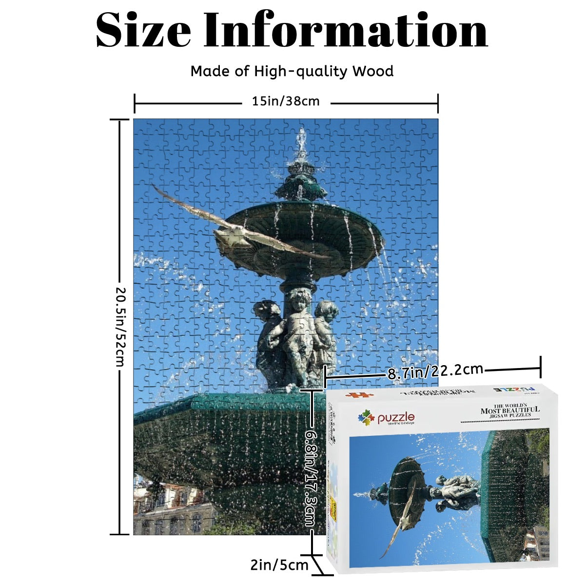 500-piece basswood jigsaw puzzle featuring a seagull flying toward the camera with a fountain and blue sky in Lisbon, full-color version, size 20.5" x 15"