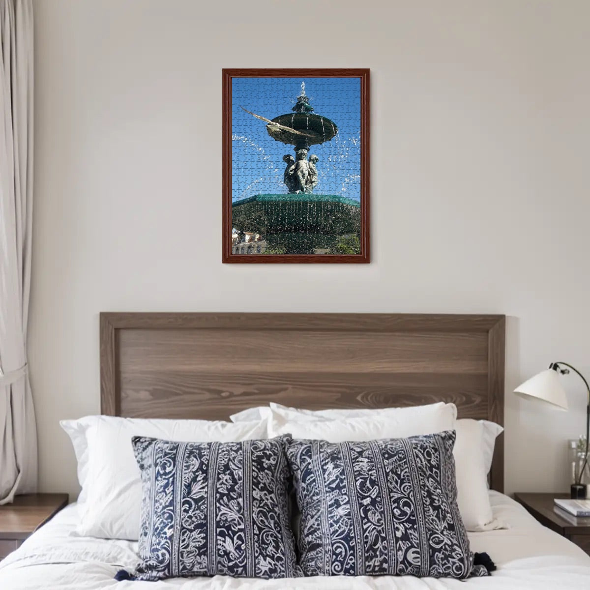 500-piece basswood jigsaw puzzle featuring a seagull flying toward the camera with a fountain and blue sky in Lisbon, full-color version, size 20.5" x 15"