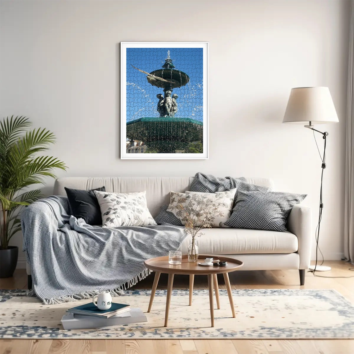 500-piece basswood jigsaw puzzle featuring a seagull flying toward the camera with a fountain and blue sky in Lisbon, full-color version, size 20.5" x 15"