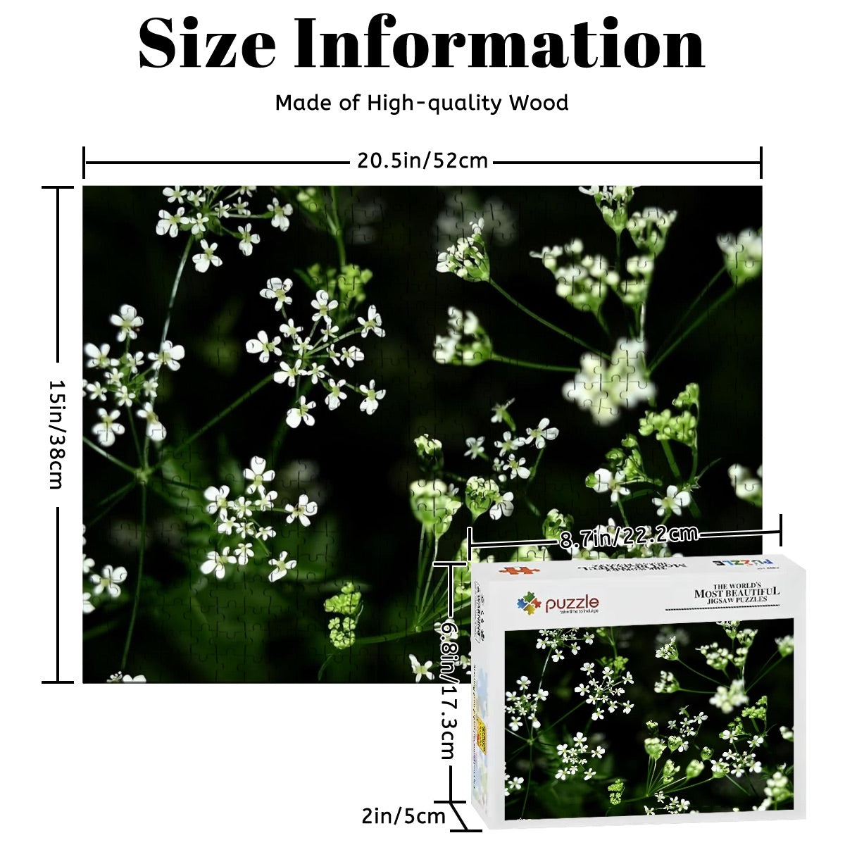 Basswood puzzle featuring a white wildflower photo in full color, soft-focused and printed with rich natural tones.