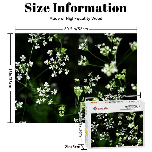 Basswood puzzle featuring a white wildflower photo in full color, soft-focused and printed with rich natural tones.