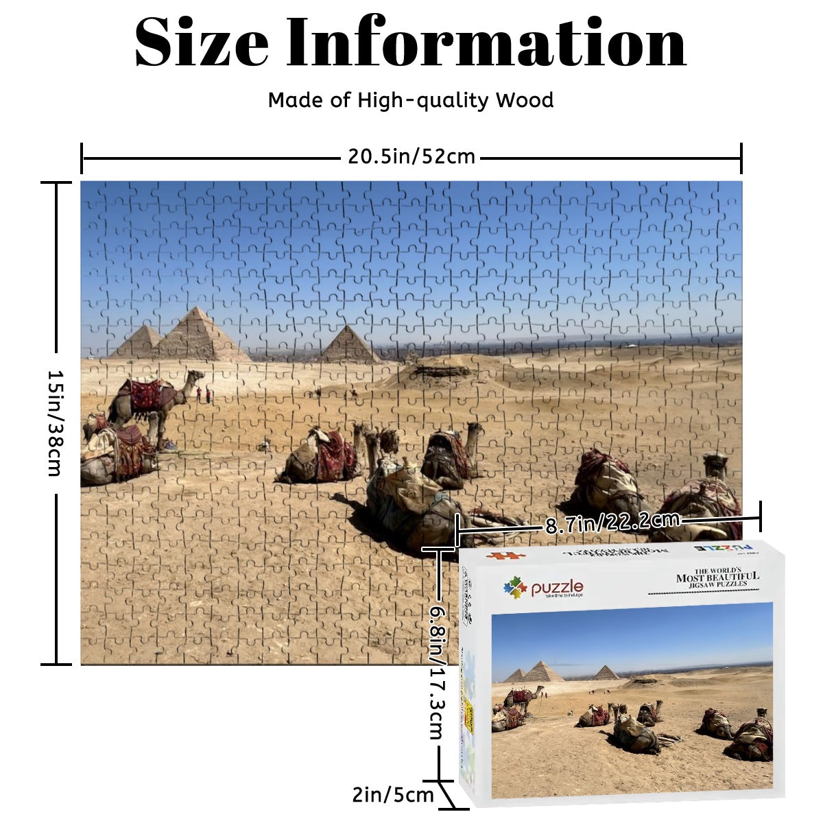 500-piece basswood puzzle of camels resting in the desert on Giza Plateau with pyramids and city in full color