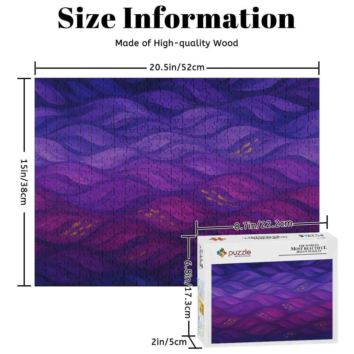 500 piece wooden jigsaw puzzle in full color with rich purple and golden wave patterns