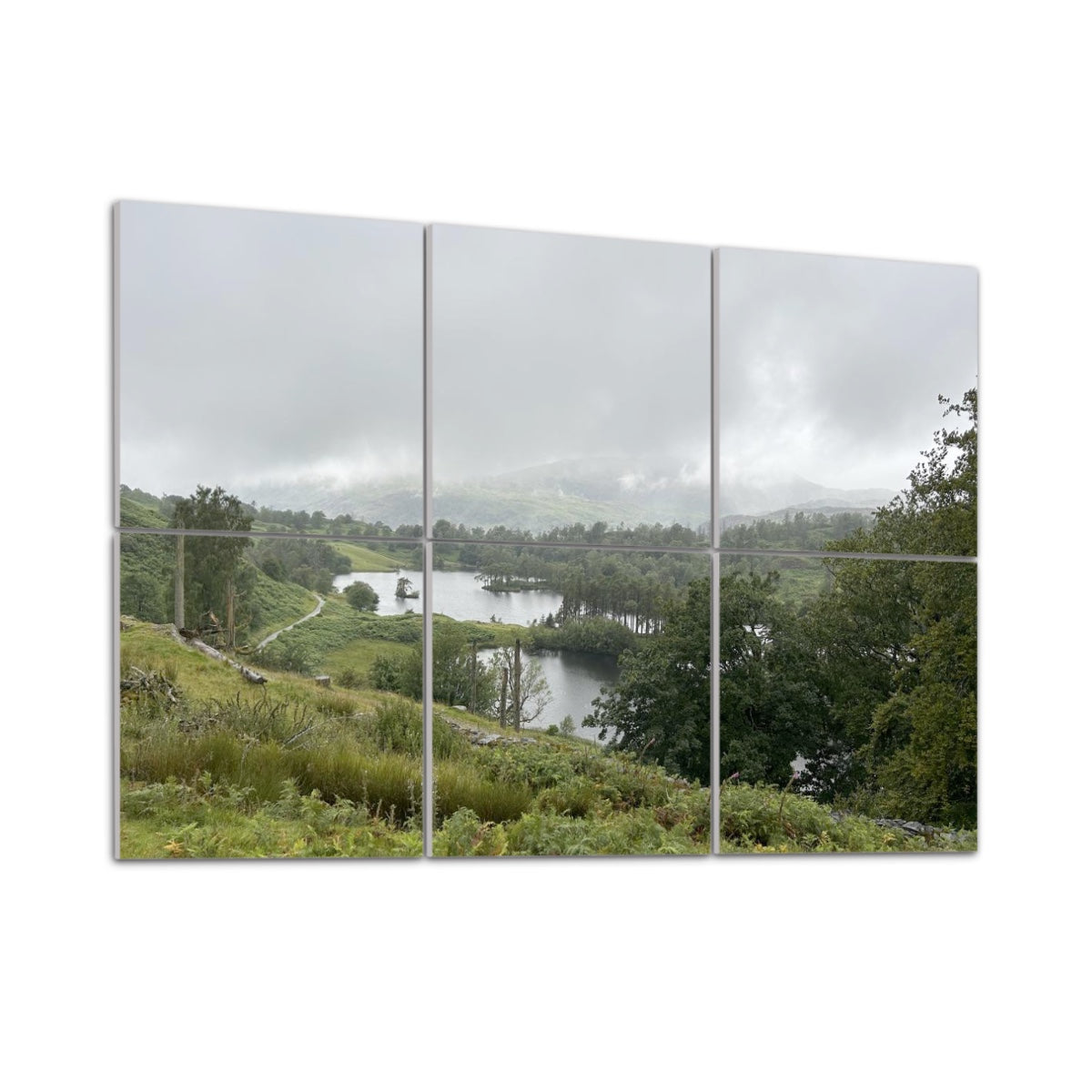 6 Decorative Sound Absorbing Wall Panels featuring Tarn Hows Lake District Landscape. Misty lake and green hills across six panels