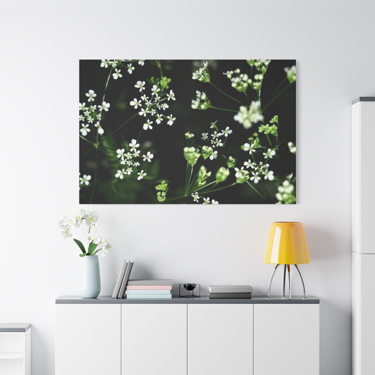floral canvas print featuring white little flowers on black and green background size: 60''x40''