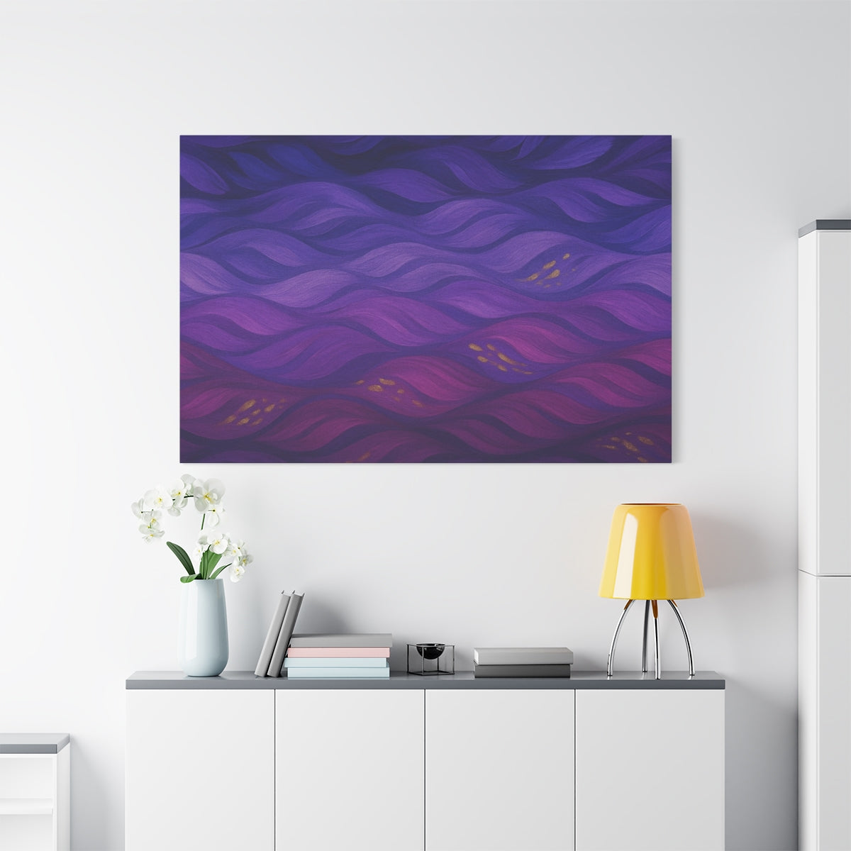 front view mockup 60''x40'' Abstract canvas artwork with fluid plum and violet waves, accented by soft golden highlights and layered with tonal depth