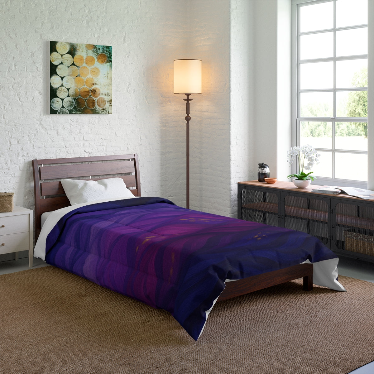 Bedroom mockup with full color comforter in purple and magenta waves on a twin-sized bed. Size: 68" × 88"