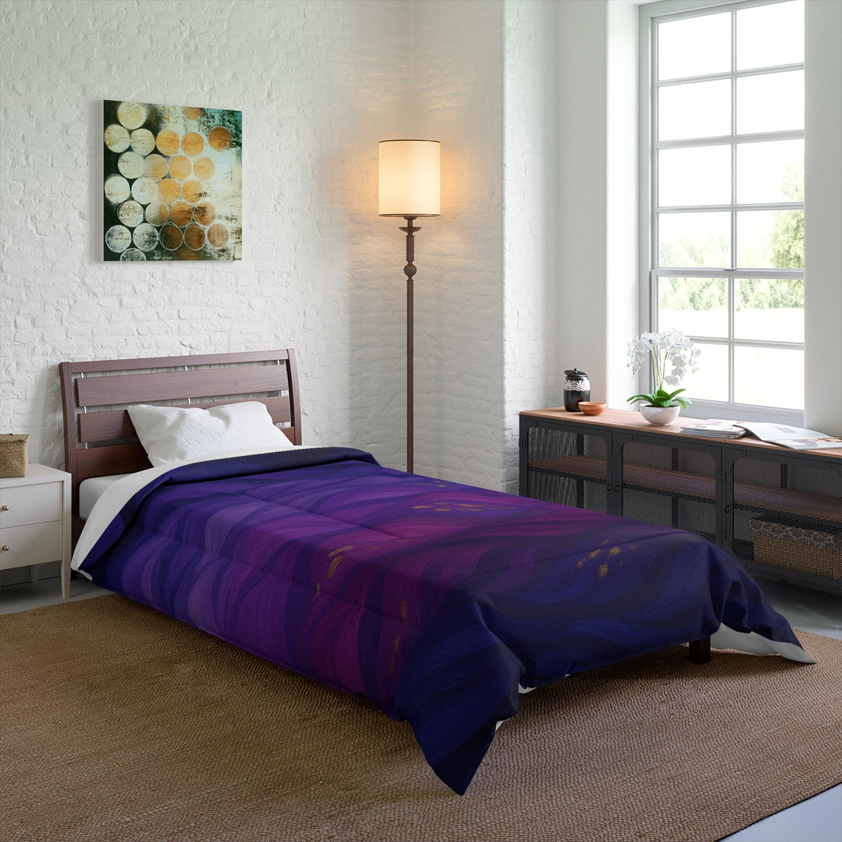 Bedroom setting with the full color comforter on an extra-long twin or single bed; bold purples enrich the space. Size: 68" × 92"