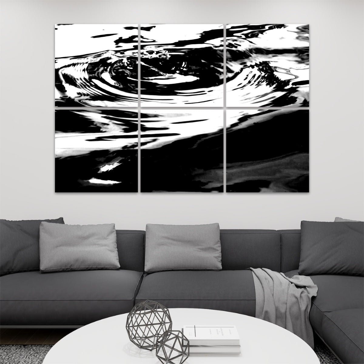 6 decorative sound absorbing wall panels featuring picture of wave rings on the water, color: black and white