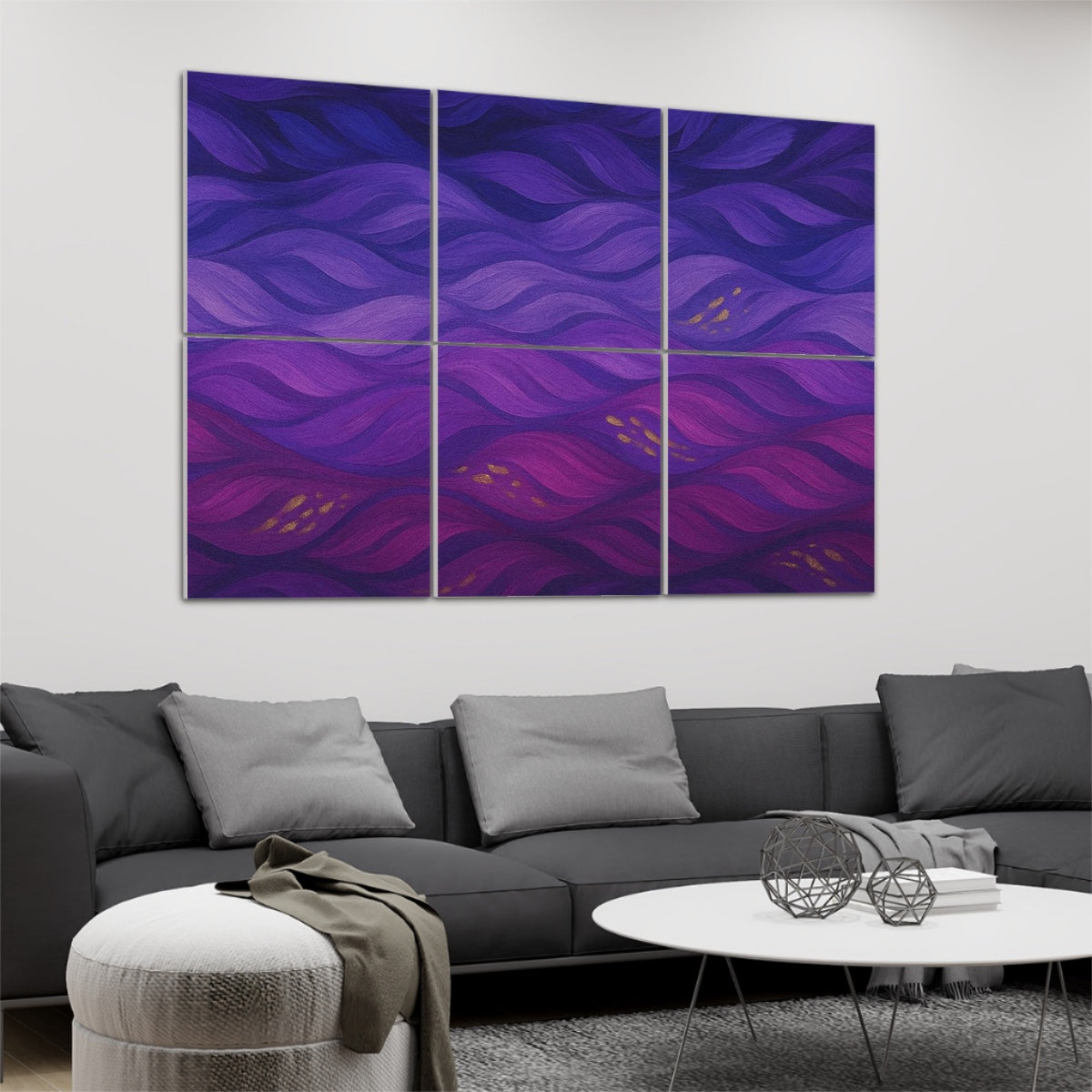 left view Gilded Amethyst Currents full color version on 6 decorative sound absorbing wall panels displayed above a modern grey couch