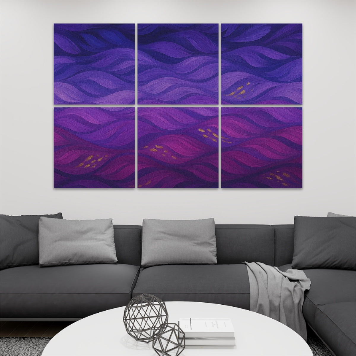 Gilded Amethyst Currents full color version on 6 decorative sound absorbing wall panels displayed above a modern grey couch