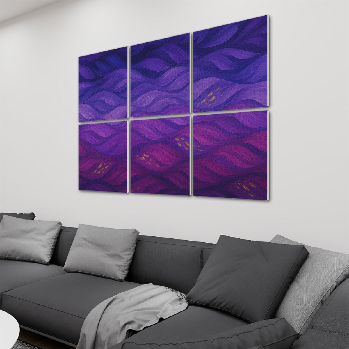 right view Gilded Amethyst Currents full color version on 6 decorative sound absorbing wall panels displayed above a modern grey couch
