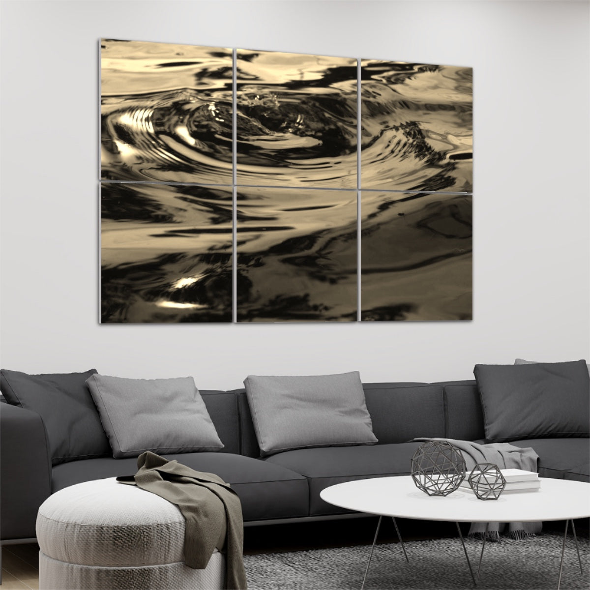 6 decorative sound absorbing wall panels featuring picture of wave rings on the water, color: sepia