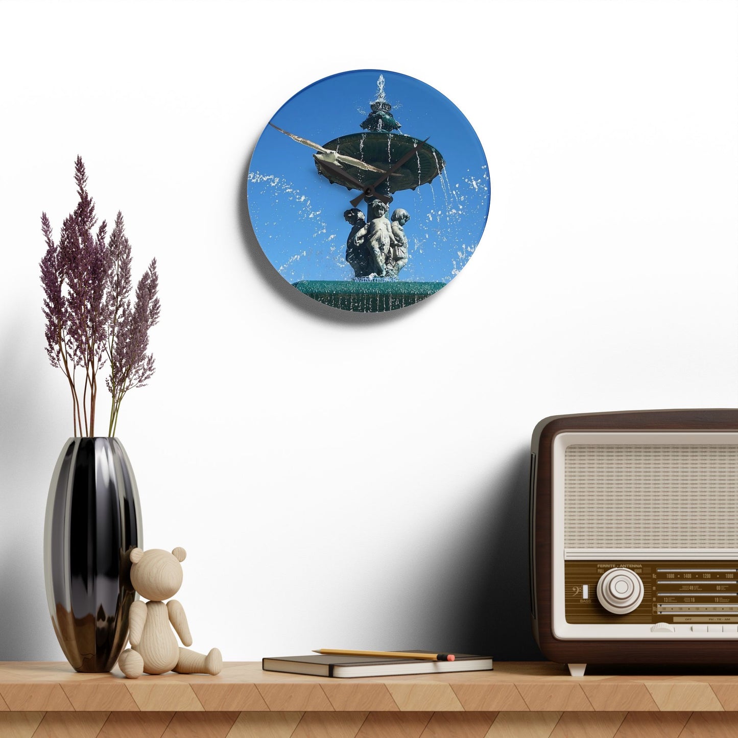 Acrylic wall clock featuring seagull in flight, blue sky and fountain in Lisbon
