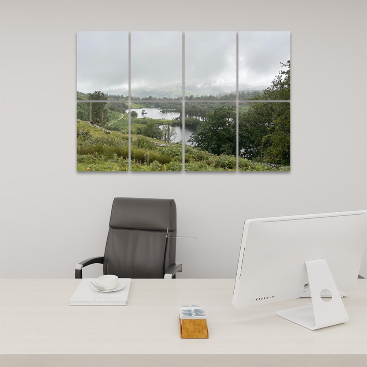 Lake District Landscape 8 Decorative Sound Absorbing Wall Panels mounted above modern office desk showing misty lake view