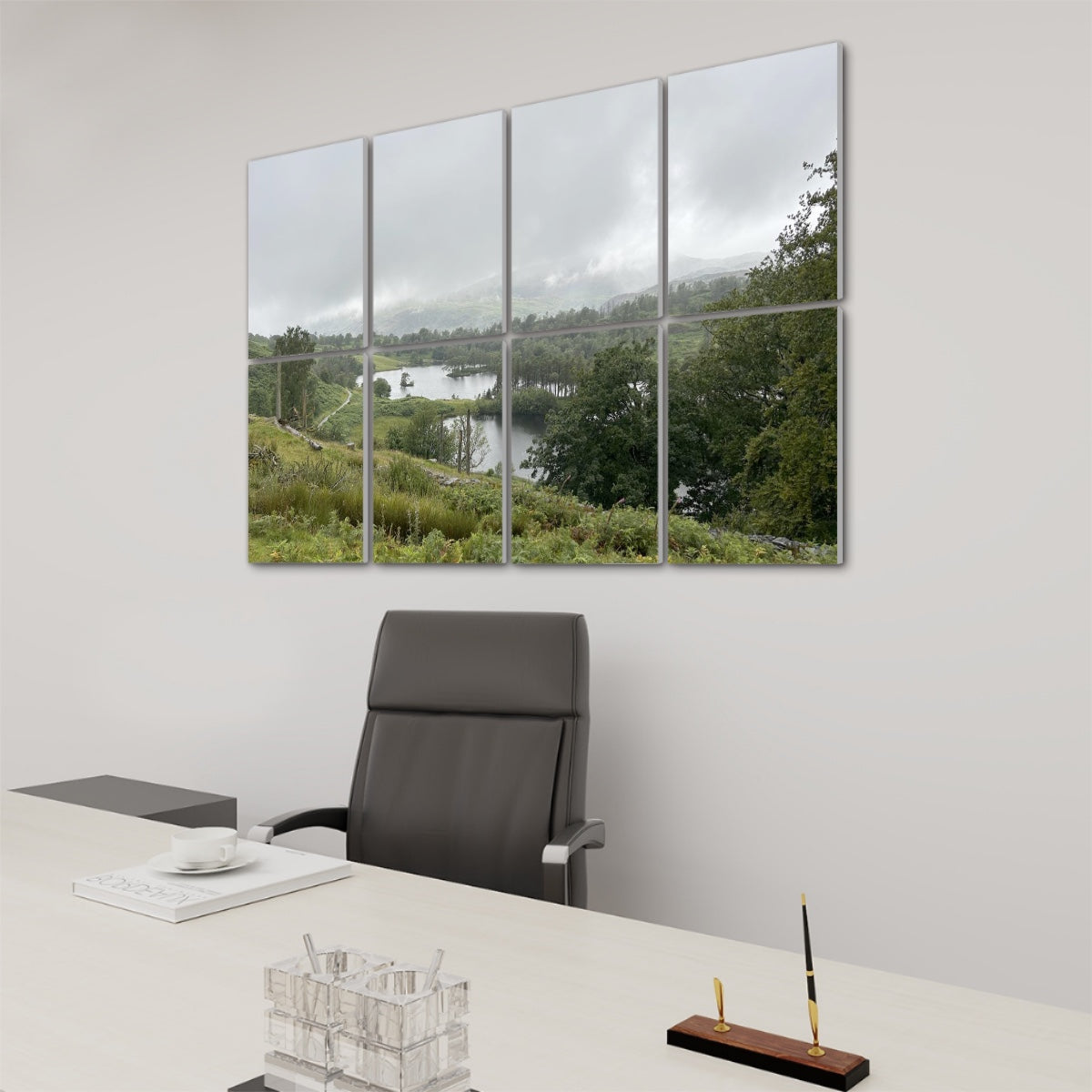 Lake District Landscape 8 Decorative Sound Absorbing Wall Panels above modern office desk with black chair and misty lake view