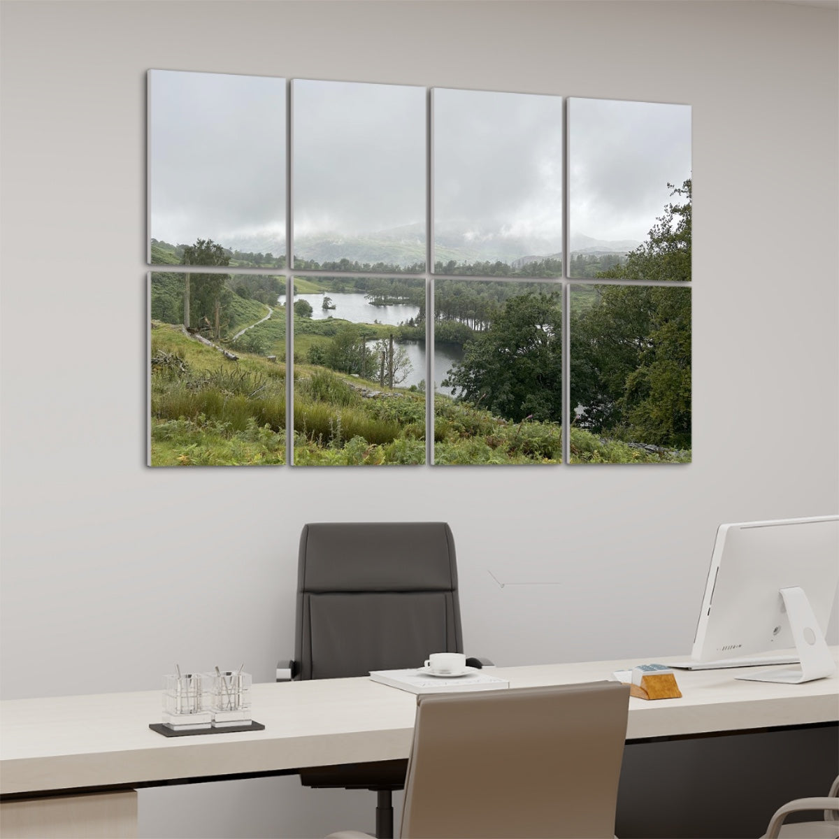 Office wall with Lake District Landscape 8 Decorative Sound Absorbing Wall Panels above desk and monitor